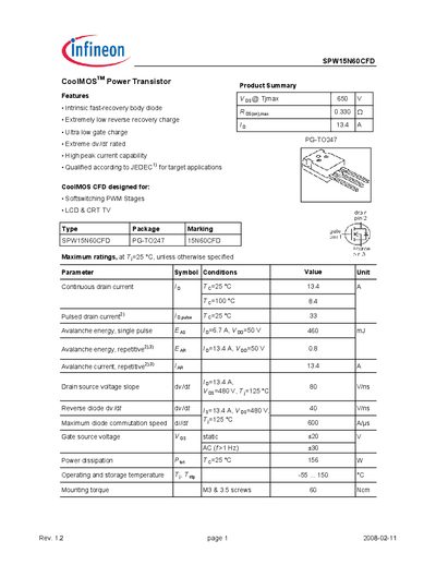 Infineon SPW15N60CFD Datasheet - cover page