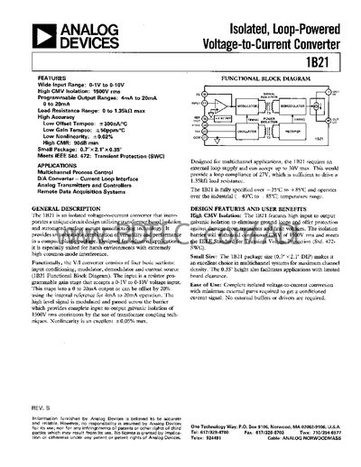 Analog Devices 1B21 Isolated Voltage-to-Current Converter Datasheet - cover page