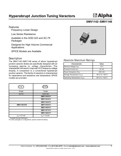 Alpha SMV1142-SMV1148 Hyperabrupt Junction Tuning Varactors Datasheet - cover page