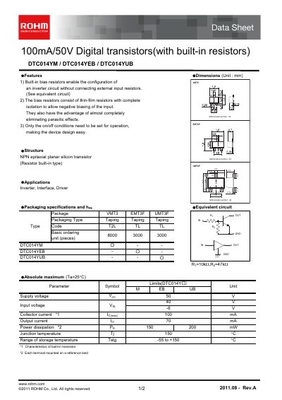 ROHM DTC014YM / DTC014YEB / DTC014YUB Datasheet - cover page