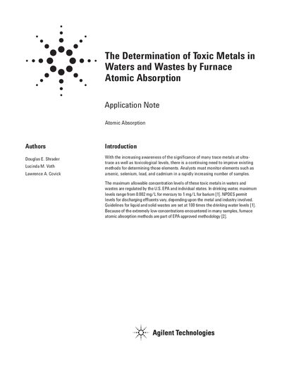Agilent AA-975/GTA-95 Application Note: Determination of Toxic Metals in Waters and Wastes by Furnace Atomic Absorption - cover page