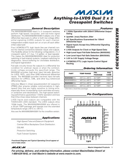 Maxim MAX9392/MAX9393 Dual 2x2 Crosspoint Switch Datasheet - cover page