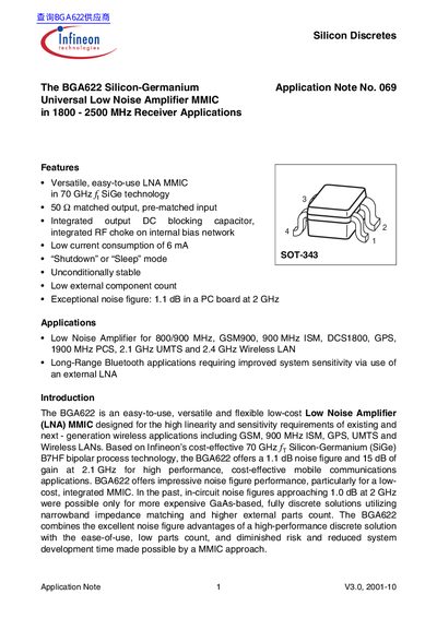 Infineon BGA622 Silicon-Germanium Universal Low Noise Amplifier MMIC Application Note - cover page