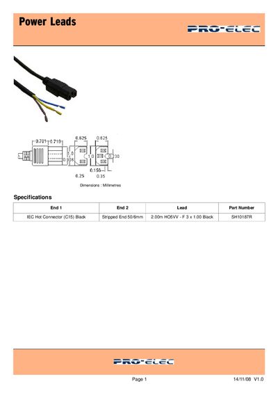 PRO ELEC IEC Hot Connector (C15) Black Stripped End 50/6mm 2.00m HO5VV - F 3 x 1.00 Black SH10187R - cover page