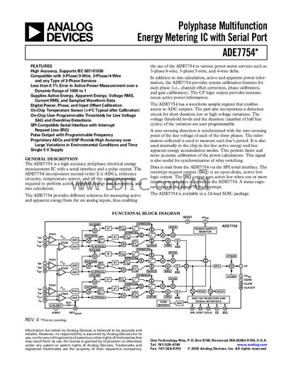 Analog Devices ADE7754 Datasheet - cover page