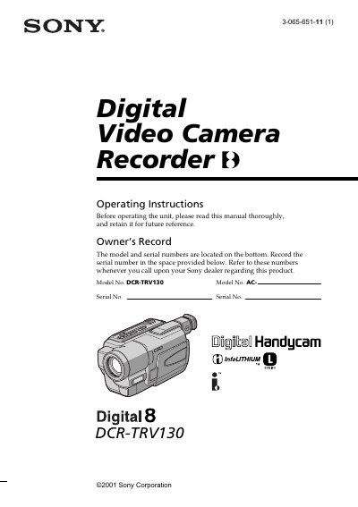 Sony DCR-TRV130 Camcorder User Manual - cover page