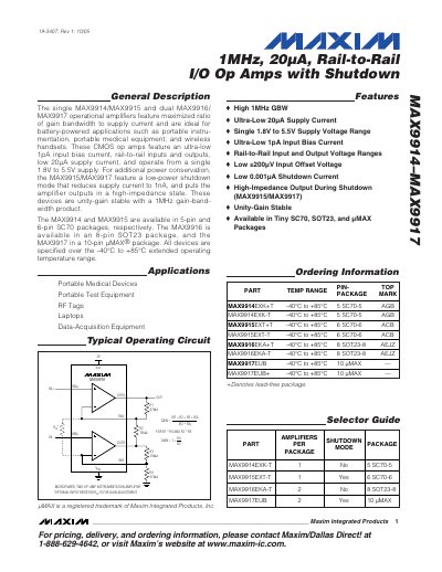 Maxim MAX9914–MAX9917 1MHz 20µA Rail-to-Rail I/O Op Amp Datasheet - cover page