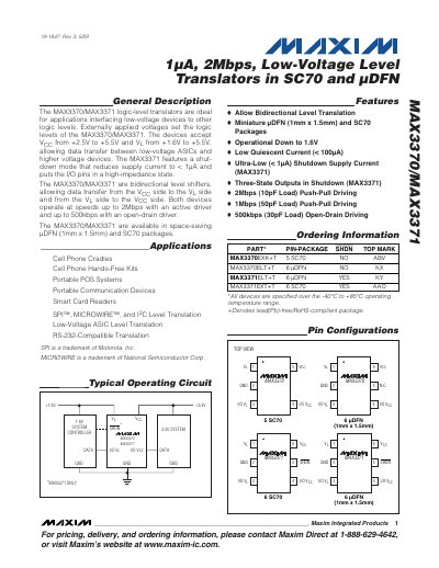 Maxim MAX3370/MAX3371 Logic Level Translator Datasheet - cover page