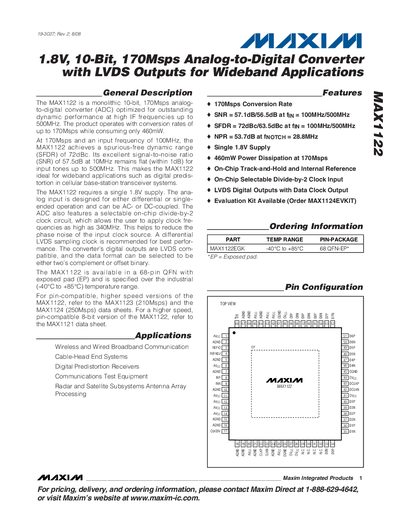 Maxim MAX1122 1.8V 10-Bit 170Msps Analog-to-Digital Converter with LVDS Outputs Datasheet - cover page