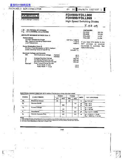 Fairchild Semiconductor FDH900/FDLL900 FDH999/FDLL999 High Speed Switching Diodes Datasheet - cover page