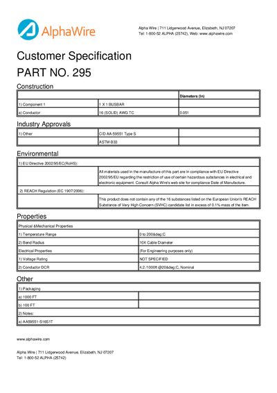 Alpha Wire 295 Customer Specification - cover page