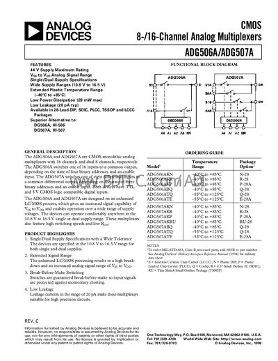 Analog Devices ADG506A/ADG507A Analog Multiplexer Datasheet - cover page