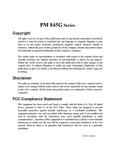 PM845G Series Motherboard User Manual - cover page
