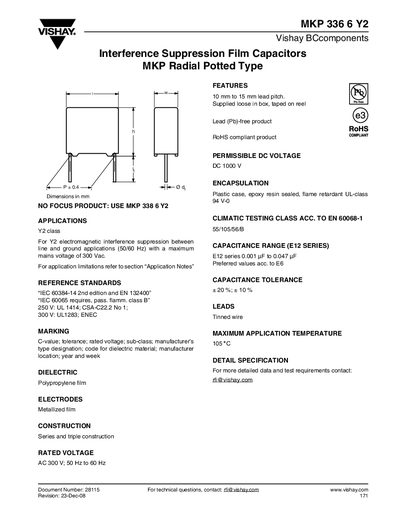 Vishay MKP 336 6 Y2 Interference Suppression Film Capacitor Datasheet