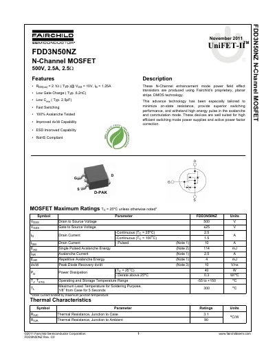Fairchild Semiconductor FDD3N50NZ N-Channel MOSFET Datasheet - cover page