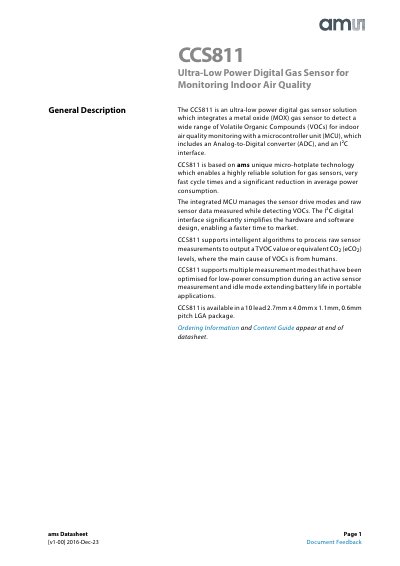 ams CCS811 Digital Gas Sensor Datasheet - cover page