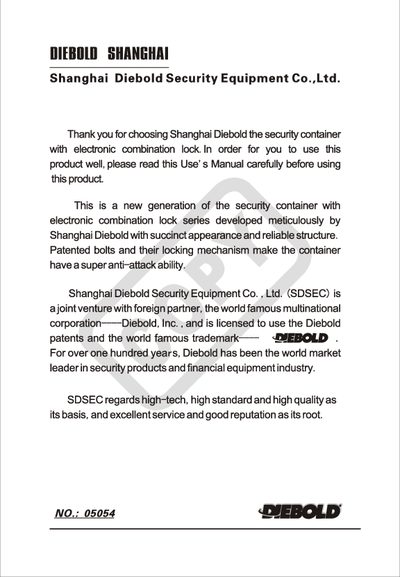 Diebold 05054 Security Container User Manual - cover page