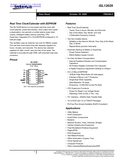 Intersil ISL12029 Real Time Clock/Calendar with EEPROM Datasheet