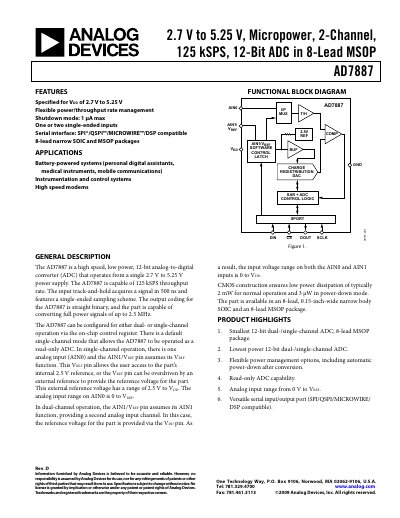 Analog Devices AD7887 12‑Bit ADC Datasheet - cover page