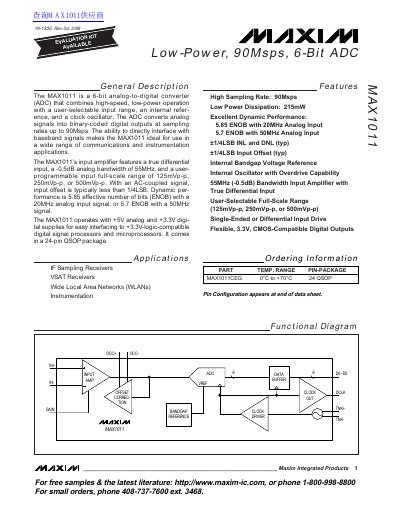 MAXIM MAX1011 Low-Power, 90Msps, 6-Bit ADC Datasheet - cover page