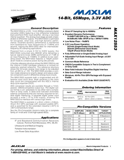 Maxim MAX12553 14‑Bit 65Msps 3.3V ADC Datasheet - cover page
