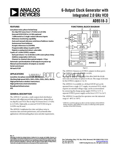 Analog Devices AD9518-3 Clock Generator Datasheet - cover page