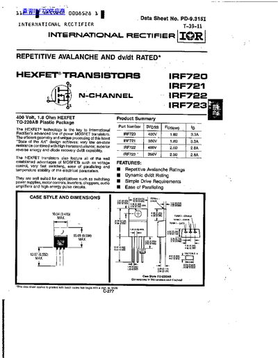 INTERNATIONAL RECTIFIER IRF720/721/722/723  - cover page