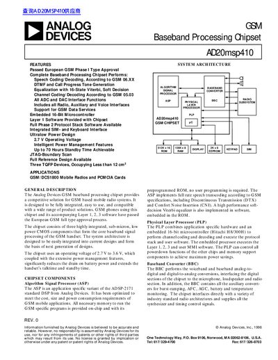 Analog Devices AD20msp410 Baseband Processing Chipset Datasheet - cover page