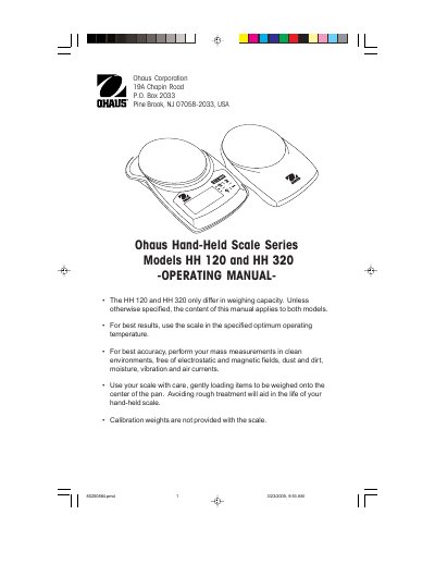Ohaus HH 120 and HH 320 Hand-Held Scale Operating Manual - cover page