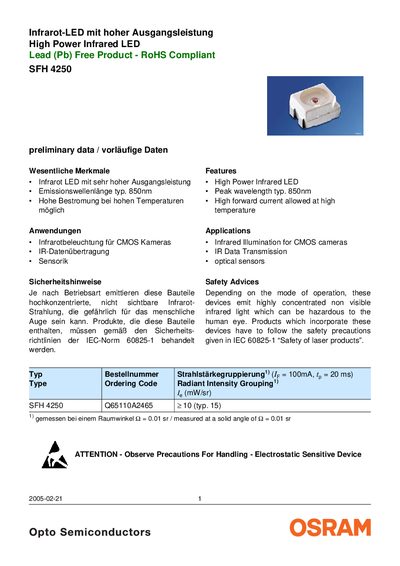 OSRAM SFH 4250 Infrared LED Datasheet - cover page