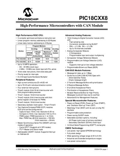 Microchip PIC18CXX8 Datasheet - cover page