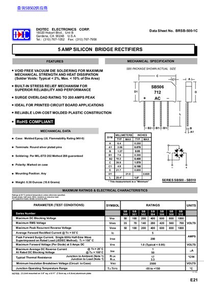 Diotec Electronics Corp. SB500-SB510 Series 5 Amp Silicon Bridge Rectifiers Datasheet - cover page