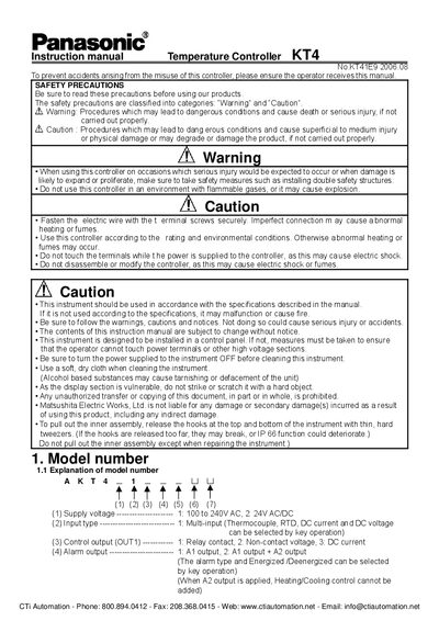 Panasonic KT41E9 Temperature Controller Instruction Manual - cover page
