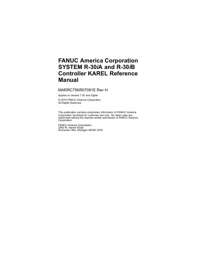 FANUC SYSTEM R-30 iA and R-30 iB Controller KAREL Reference Manual - cover page