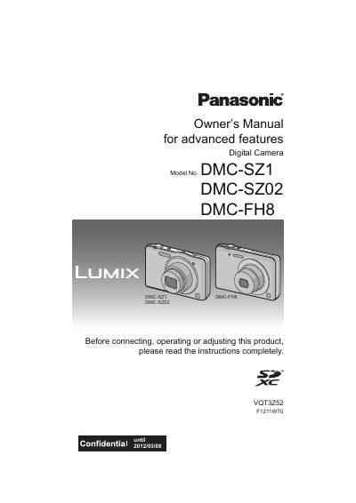 Panasonic DMC-SZ1/SZ02/FH8 Digital Camera Owner's Manual
