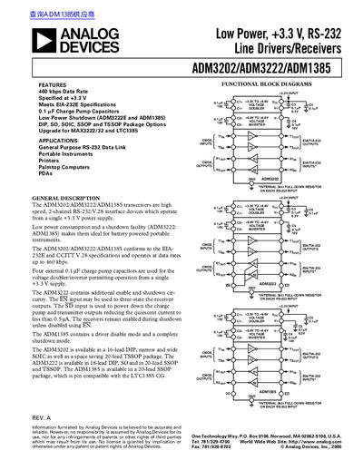 Analog Devices ADM3202/ADM3222/ADM1385 RS-232 Line Drivers/Receivers Datasheet