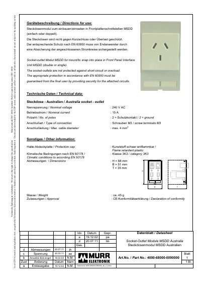 Murr Elektronik 4000-68000-0090000 Socket-Outlet Module Australia Datasheet - cover page