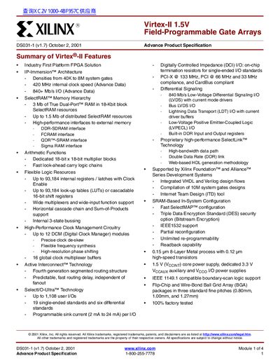 XILINX DS031-1 (v1.7) October 2 2001 Virtex-II 1.5V Field-Programmable Gate Arrays - cover page
