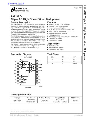 National Semiconductor LMH6572 Triple 2:1 High Speed Video Multiplexer Datasheet - cover page
