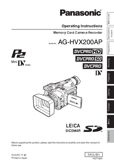 Panasonic AG-HVX200AP Camcorder User Manual - cover page