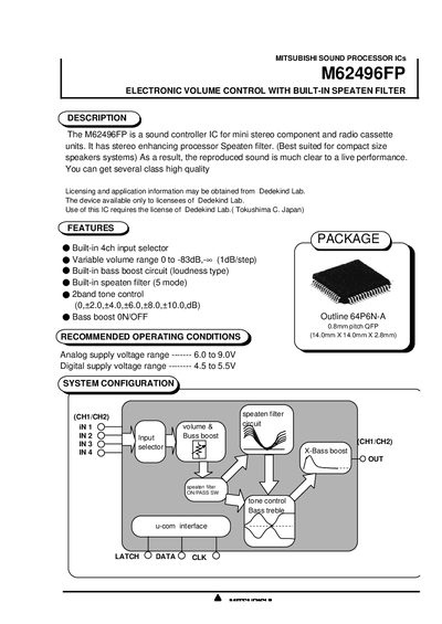 Mitsubishi M62496FP Electronic Volume Control with Built-in Speaten Filter Datasheet - cover page