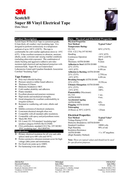 3M Super 88 Vinyl Electrical Tape Data Sheet - cover page