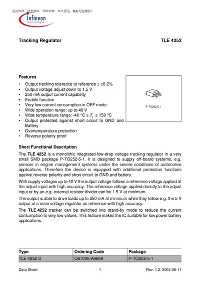 Infineon TLE4252 Tracking Regulator Datasheet - cover page