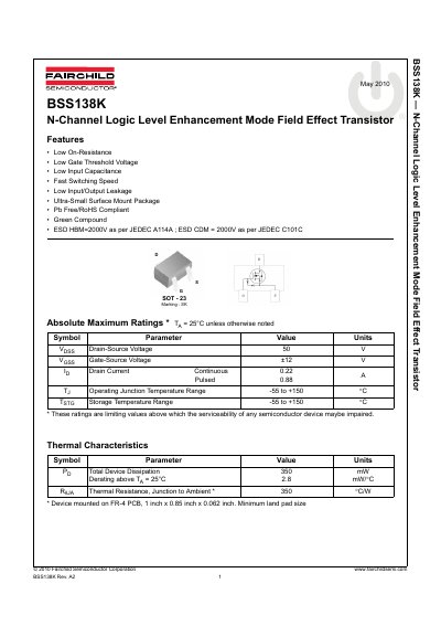 Fairchild Semiconductor BSS138K N-Channel Logic Level Enhancement Mode Field Effect Transistor Datasheet - cover page