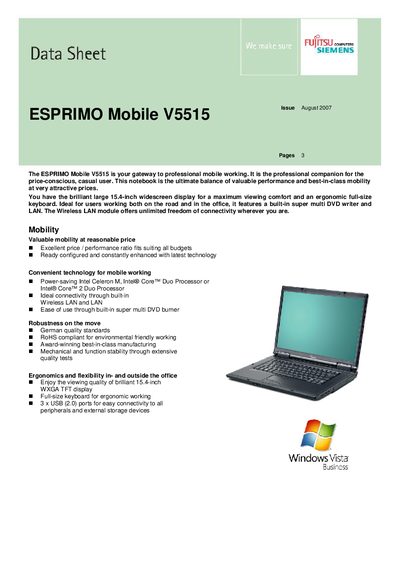 Fujitsu Siemens ESPRIMO Mobile V5515 Data Sheet - cover page