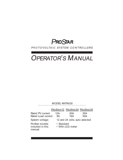 ProStar PV System Controllers Operator's Manual - cover page
