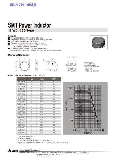 Delta SIWC1365 Type SMT Power Inductor Product Leaflet - cover page