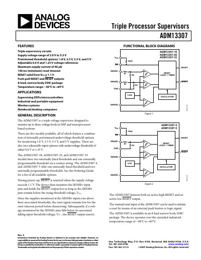 Analog Devices ADM13307 Triple Voltage Supervisor Datasheet - cover page