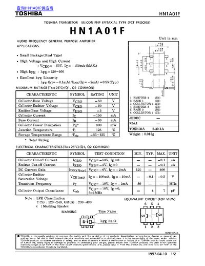 Toshiba HN1A01F PNP Transistor Datasheet - cover page