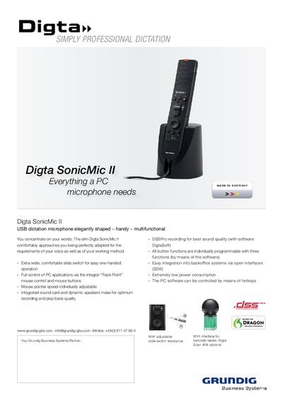 Grundig SonicMic II USB Dictation Microphone Product Leaflet - cover page